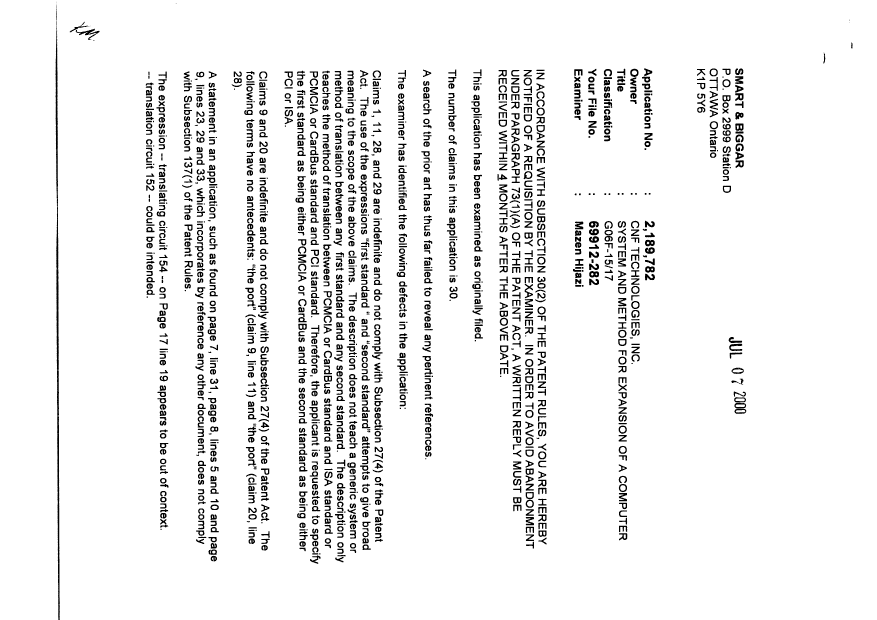Document de brevet canadien 2189782. Poursuite-Amendment 20000707. Image 1 de 2