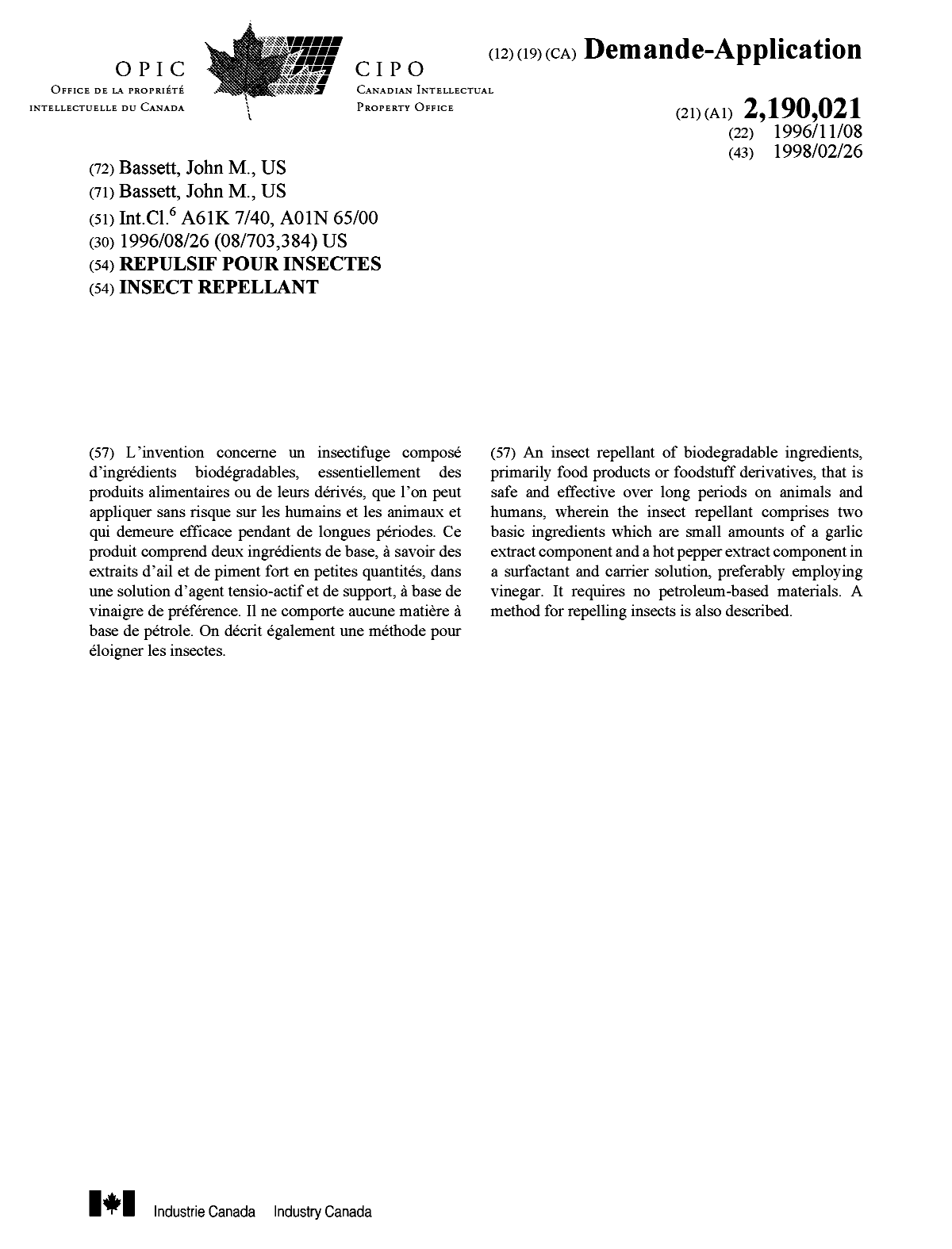 Document de brevet canadien 2190021. Page couverture 19980311. Image 1 de 1