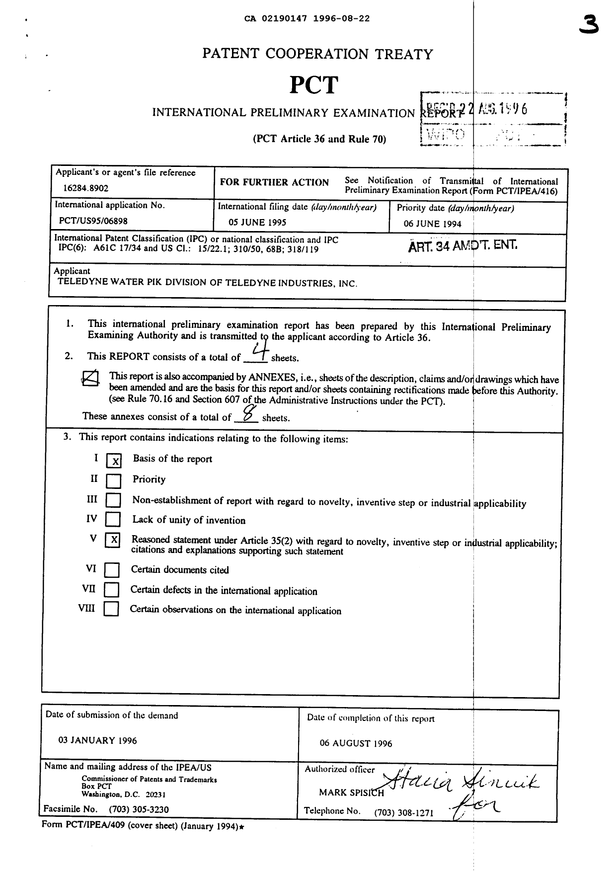 Document de brevet canadien 2190147. Poursuite-Amendment 19960822. Image 1 de 4