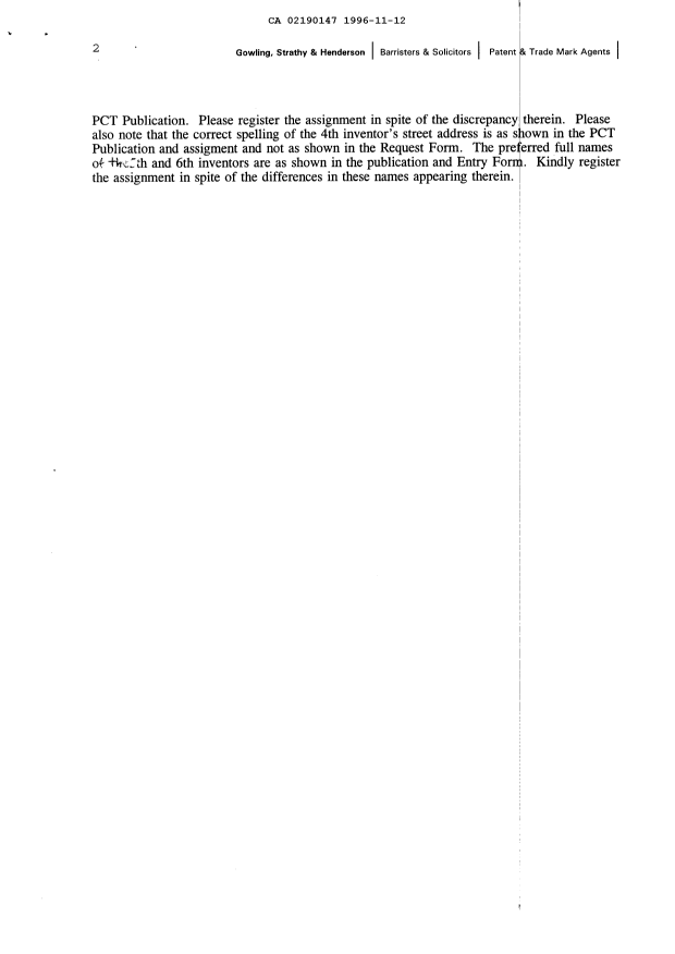 Document de brevet canadien 2190147. Cession 19961112. Image 2 de 11