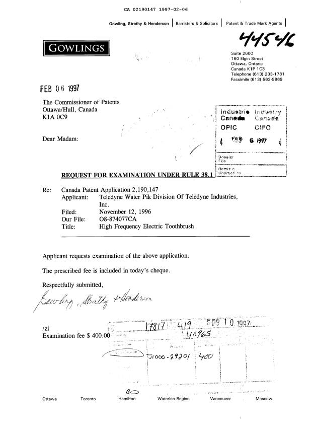Document de brevet canadien 2190147. Poursuite-Amendment 19970206. Image 2 de 2