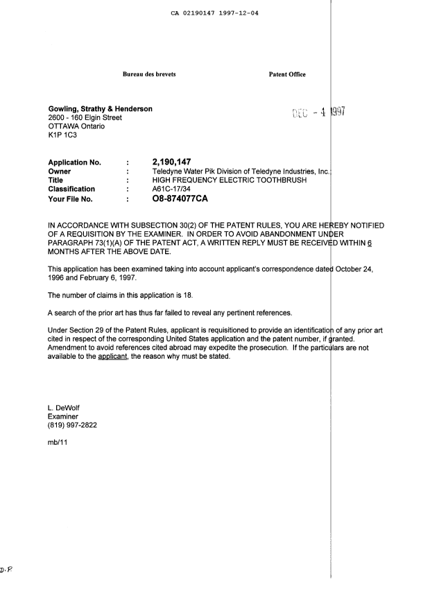 Canadian Patent Document 2190147. Correspondence 19971204. Image 1 of 1