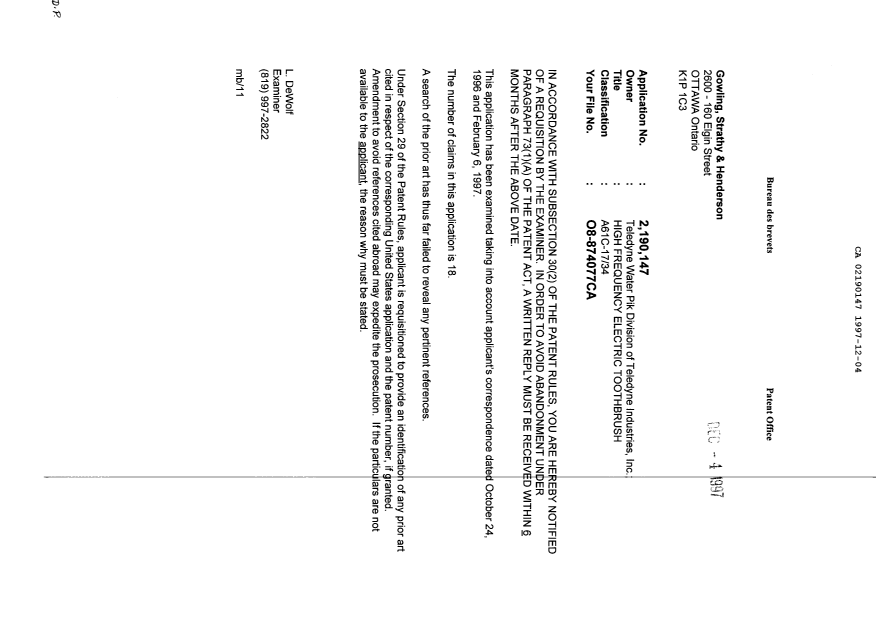 Document de brevet canadien 2190147. Correspondance 19971204. Image 1 de 1