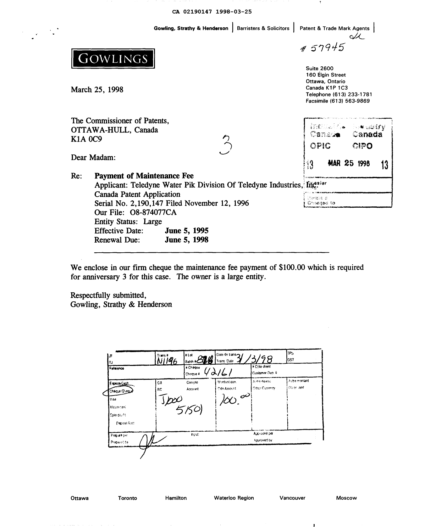 Document de brevet canadien 2190147. Taxes 19980325. Image 1 de 1