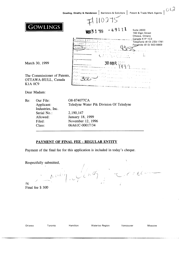 Canadian Patent Document 2190147. Correspondence 19990330. Image 1 of 1
