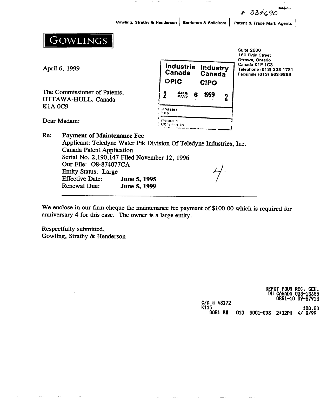 Document de brevet canadien 2190147. Taxes 19990406. Image 1 de 1