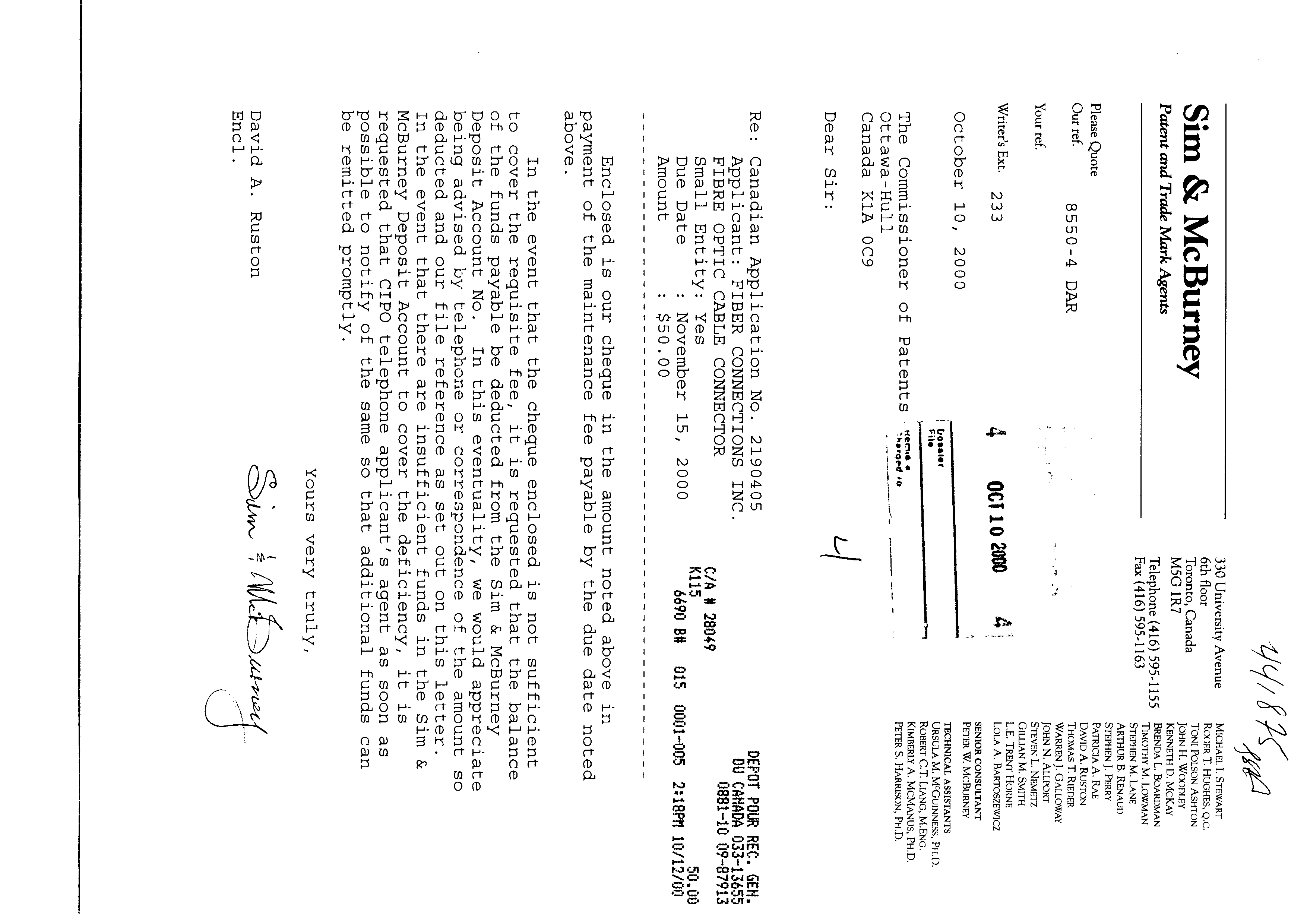 Document de brevet canadien 2190405. Taxes 19991210. Image 1 de 1