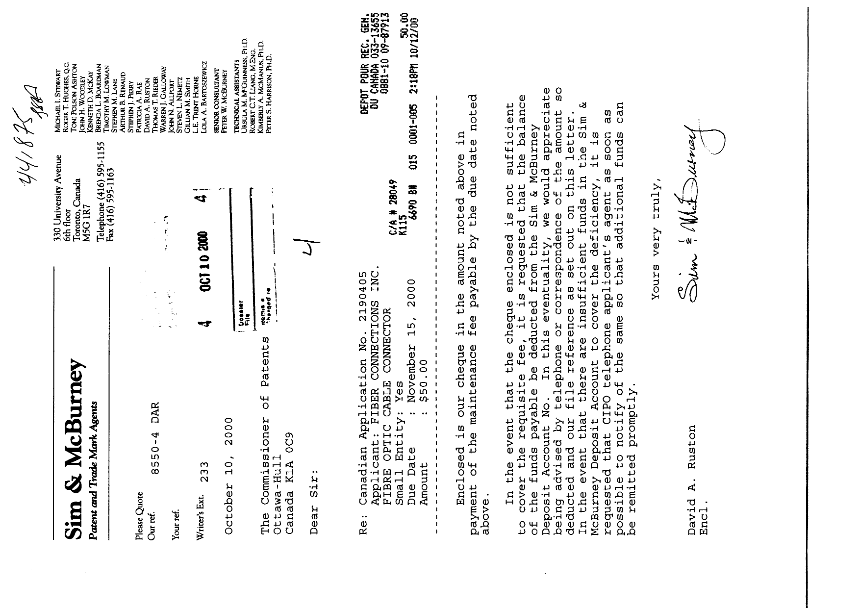 Canadian Patent Document 2190405. Fees 19991210. Image 1 of 1