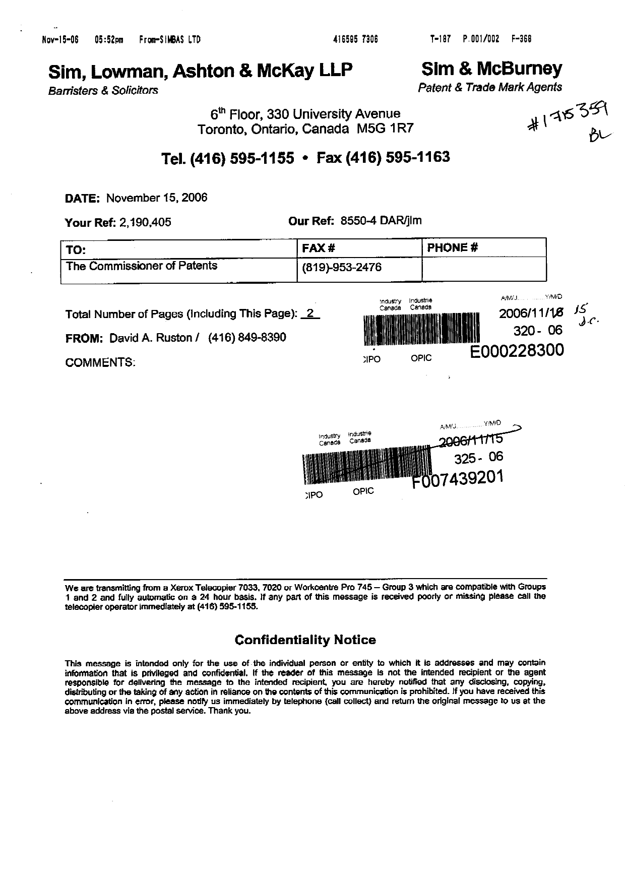 Document de brevet canadien 2190405. Taxes 20061115. Image 2 de 2