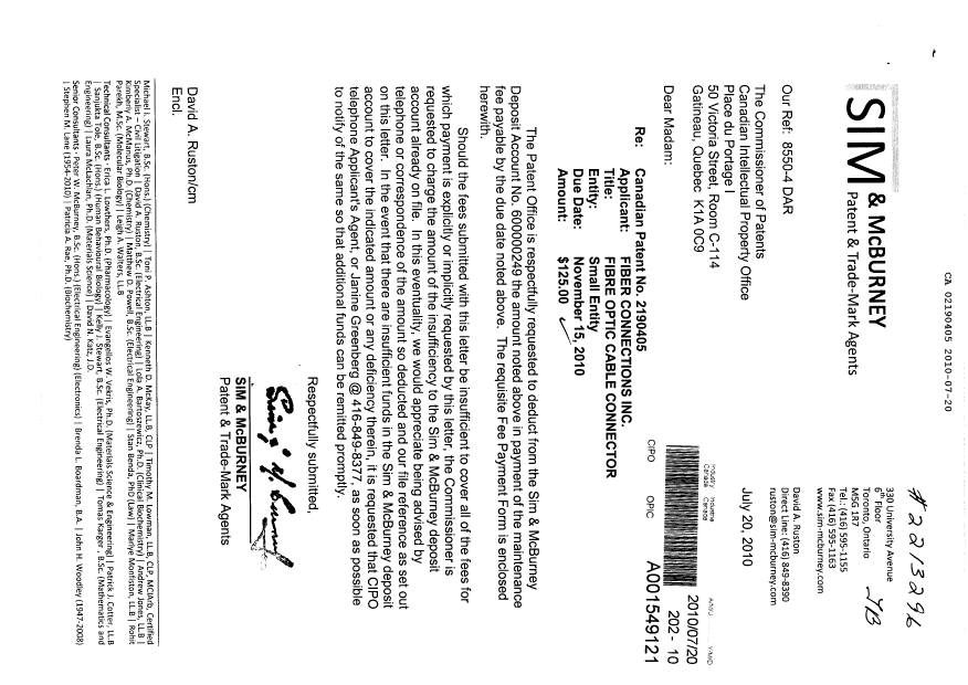 Document de brevet canadien 2190405. Taxes 20100720. Image 1 de 1