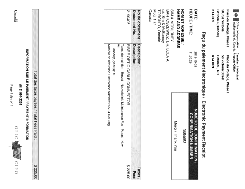 Document de brevet canadien 2190405. Taxes 20121002. Image 1 de 1