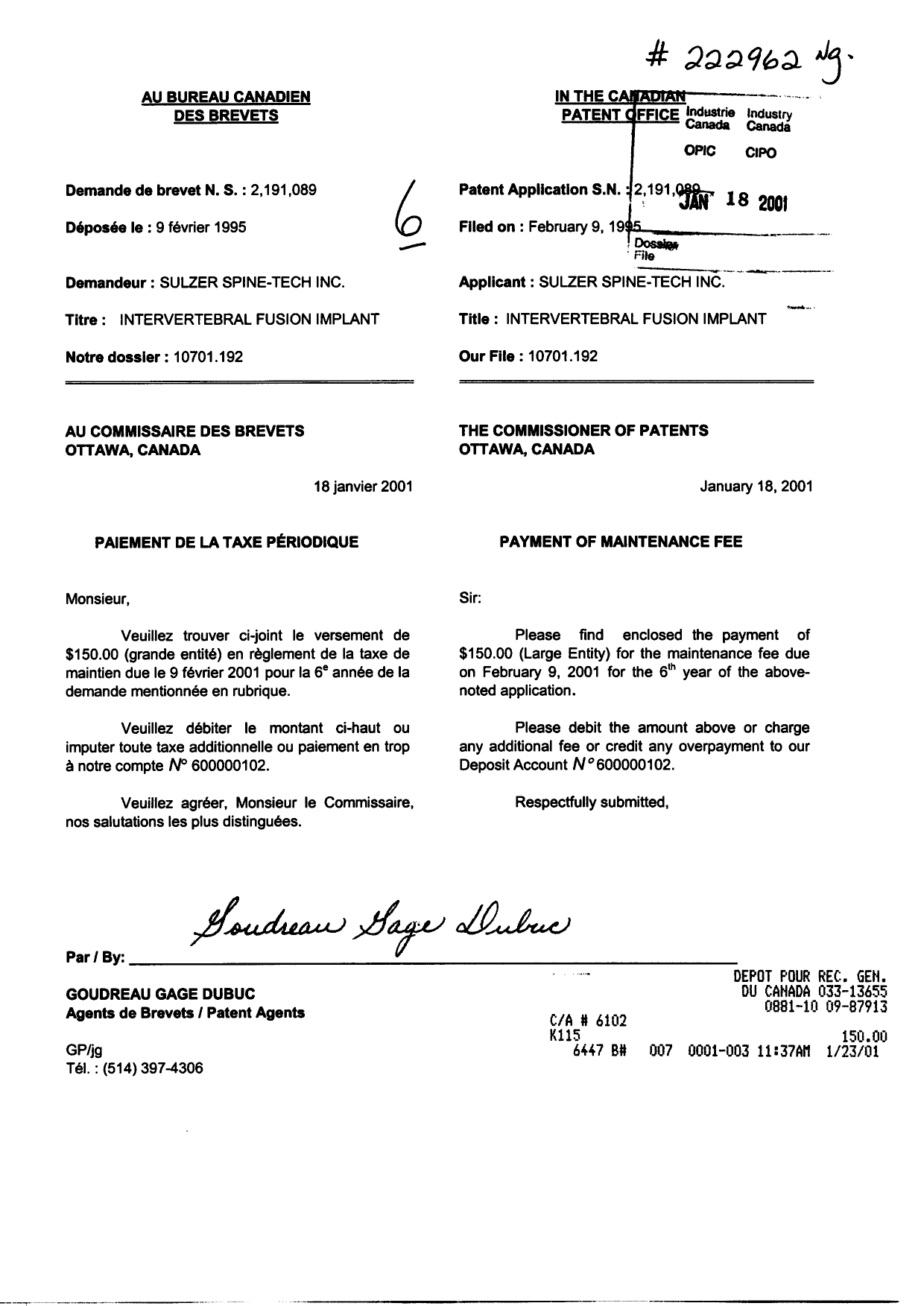 Document de brevet canadien 2191089. Taxes 20010118. Image 1 de 1