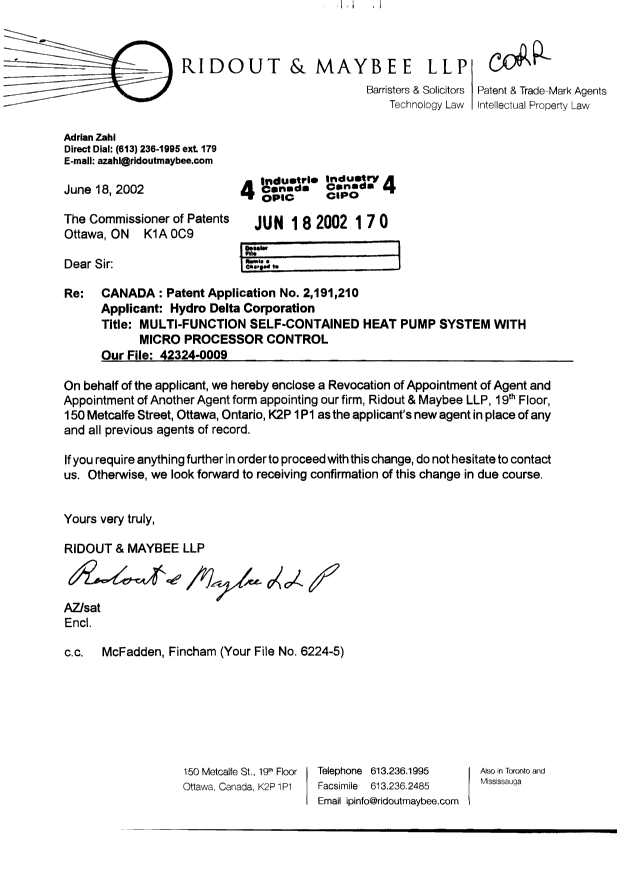 Document de brevet canadien 2191210. Correspondance 20020618. Image 1 de 2