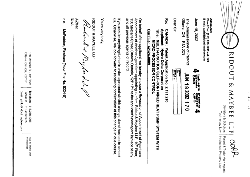 Document de brevet canadien 2191210. Correspondance 20020618. Image 1 de 2