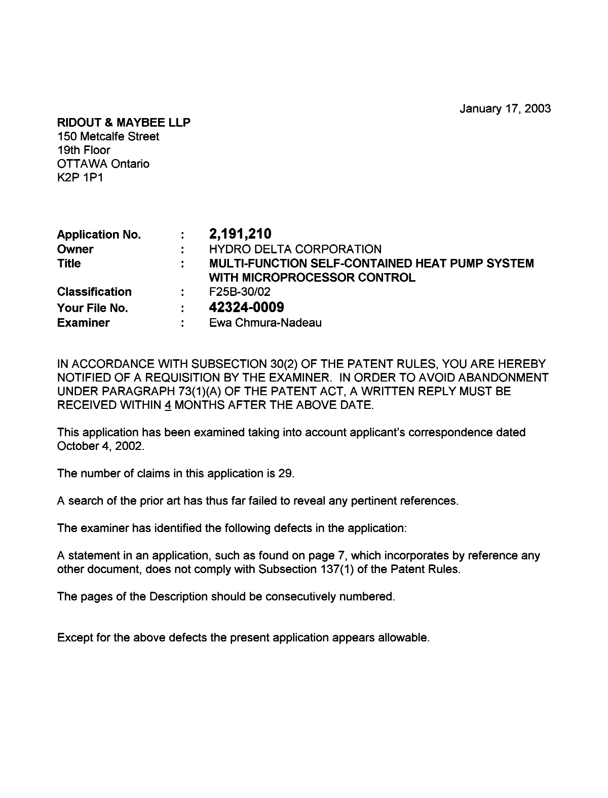 Document de brevet canadien 2191210. Poursuite-Amendment 20030117. Image 1 de 2