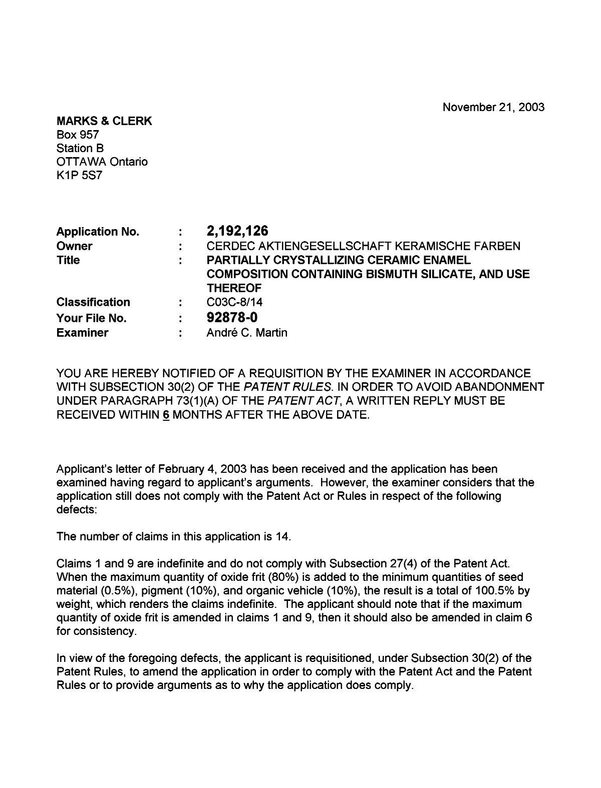 Document de brevet canadien 2192126. Poursuite-Amendment 20031121. Image 1 de 2