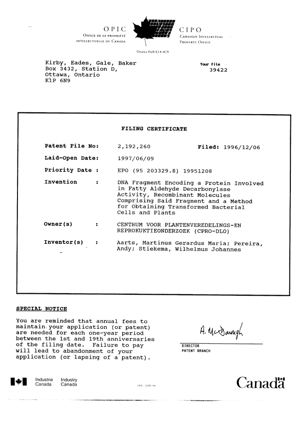 Document de brevet canadien 2192260. Cession 19961206. Image 6 de 6