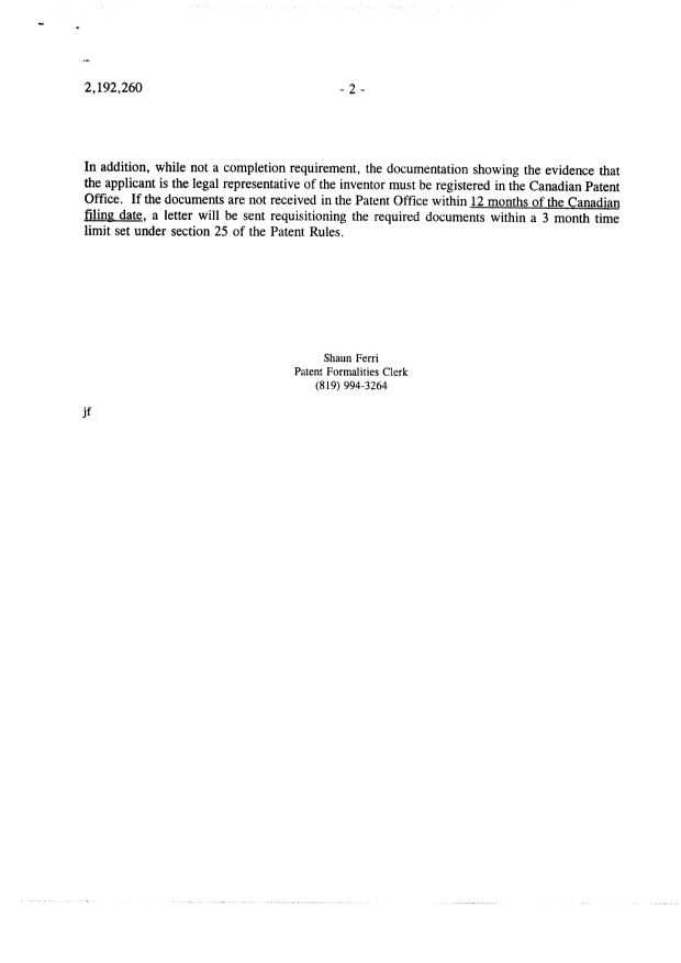 Document de brevet canadien 2192260. Correspondance 19970114. Image 2 de 34