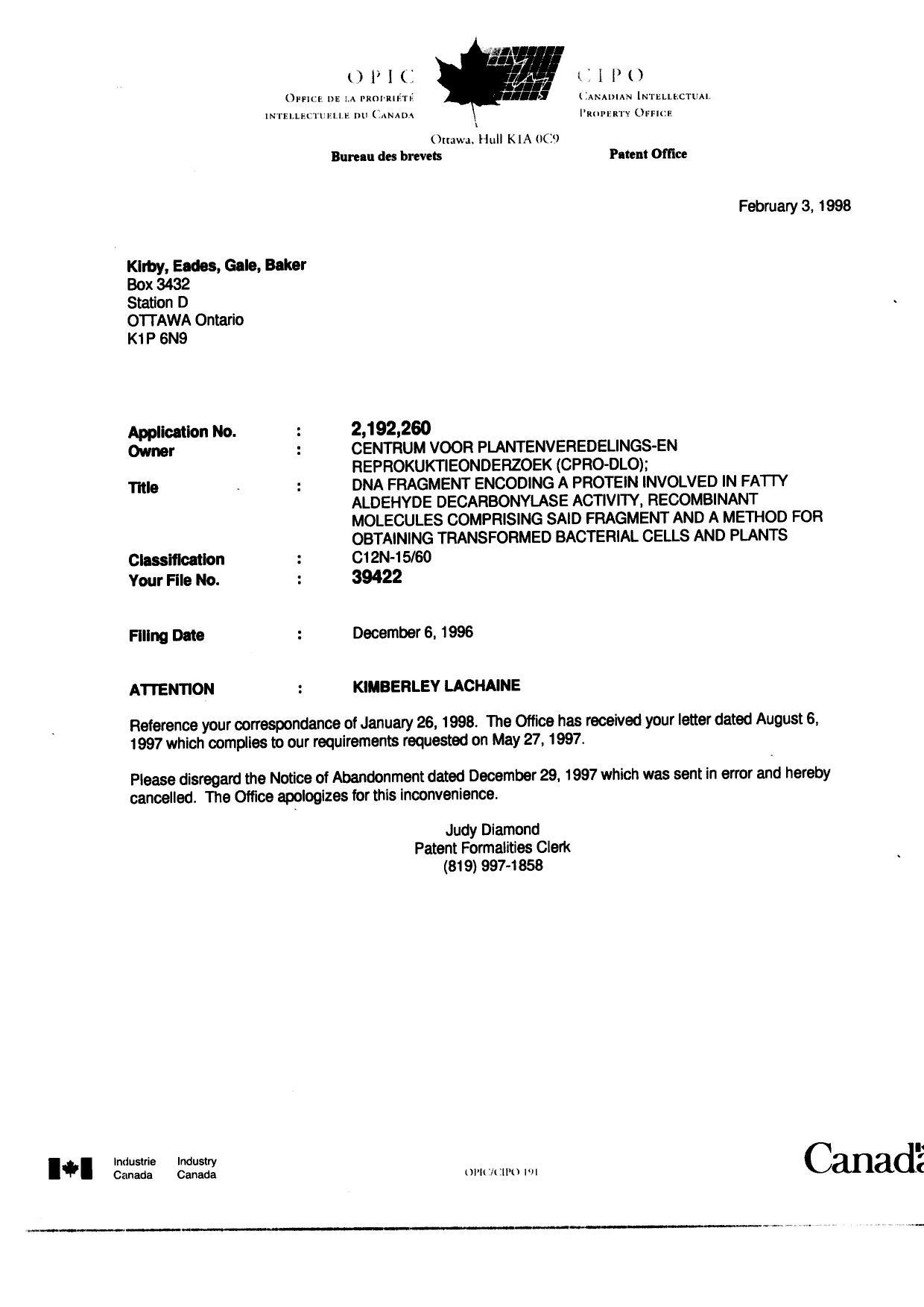 Canadian Patent Document 2192260. Correspondence 19970114. Image 34 of 34