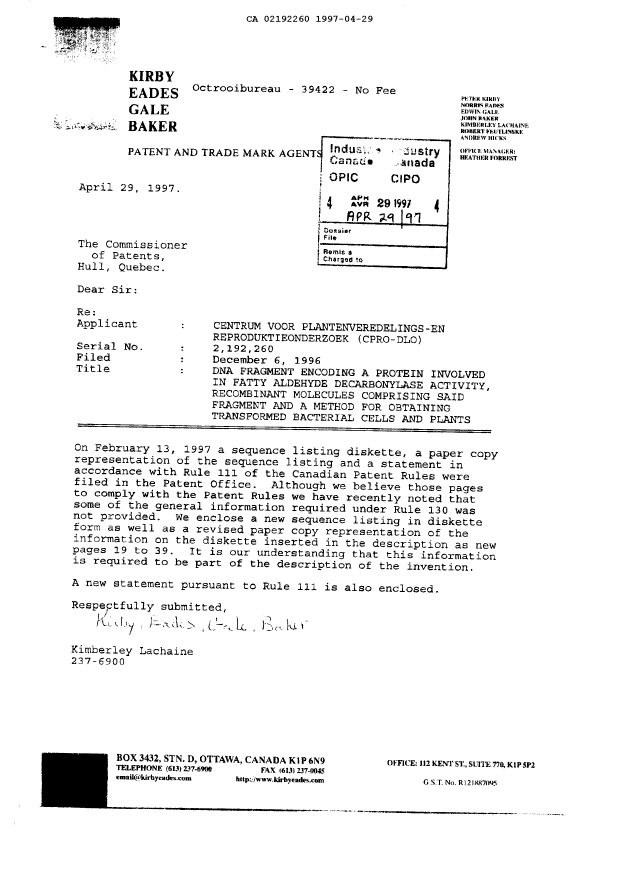 Document de brevet canadien 2192260. Correspondance 19970429. Image 1 de 23