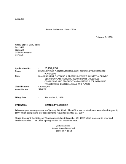 Canadian Patent Document 2192260. Correspondence 19980202. Image 1 of 1