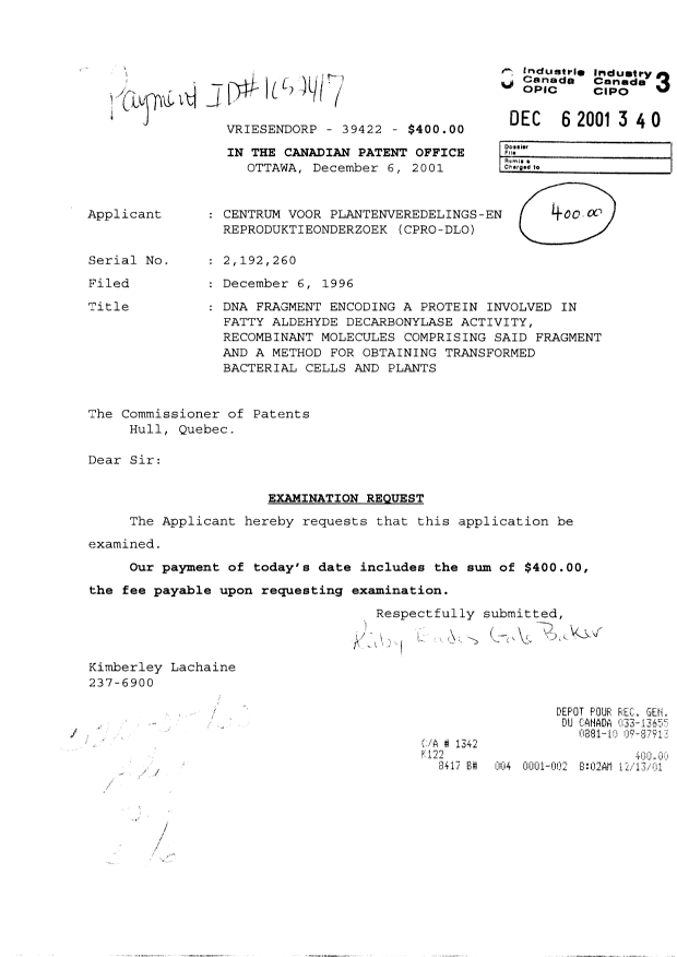 Canadian Patent Document 2192260. Prosecution-Amendment 20011206. Image 1 of 1