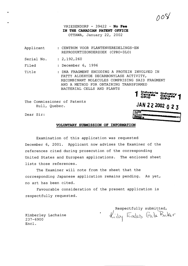 Canadian Patent Document 2192260. Prosecution-Amendment 20020122. Image 1 of 1