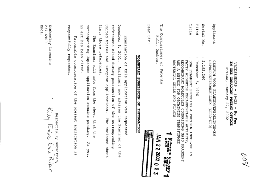 Document de brevet canadien 2192260. Poursuite-Amendment 20020122. Image 1 de 1