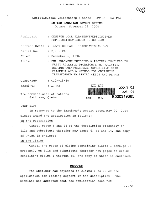 Canadian Patent Document 2192260. Prosecution-Amendment 20041122. Image 1 of 10