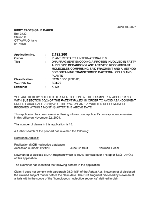 Canadian Patent Document 2192260. Prosecution-Amendment 20070618. Image 1 of 2
