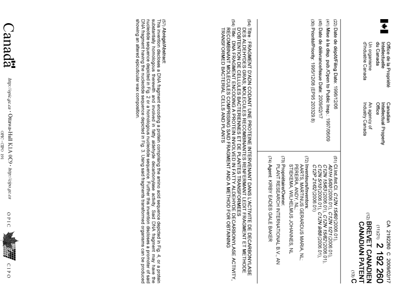 Document de brevet canadien 2192260. Page couverture 20090126. Image 1 de 1