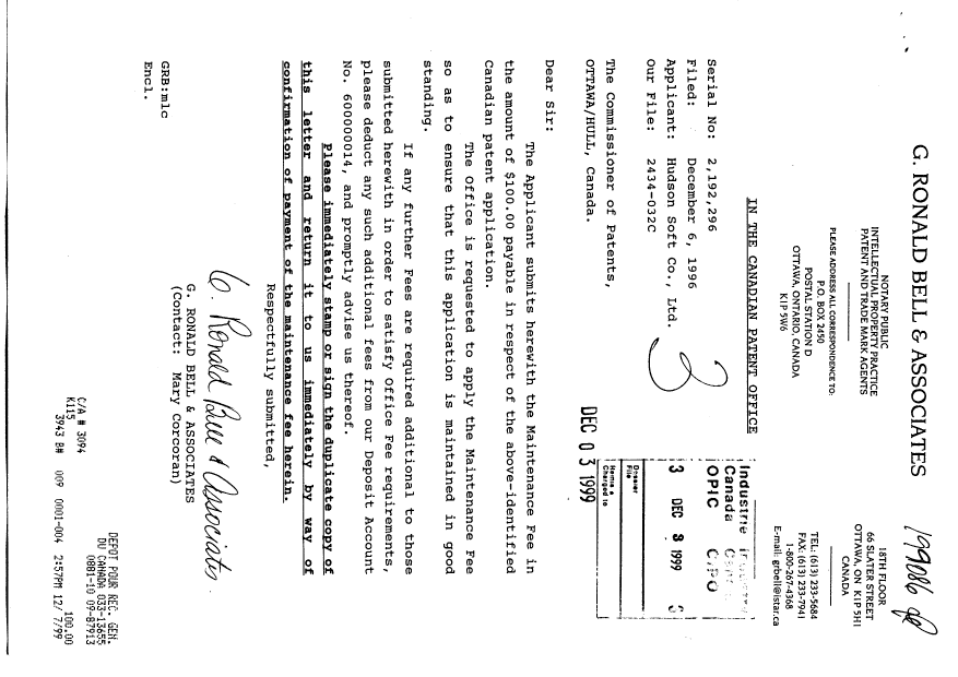 Canadian Patent Document 2192296. Fees 19991203. Image 1 of 1