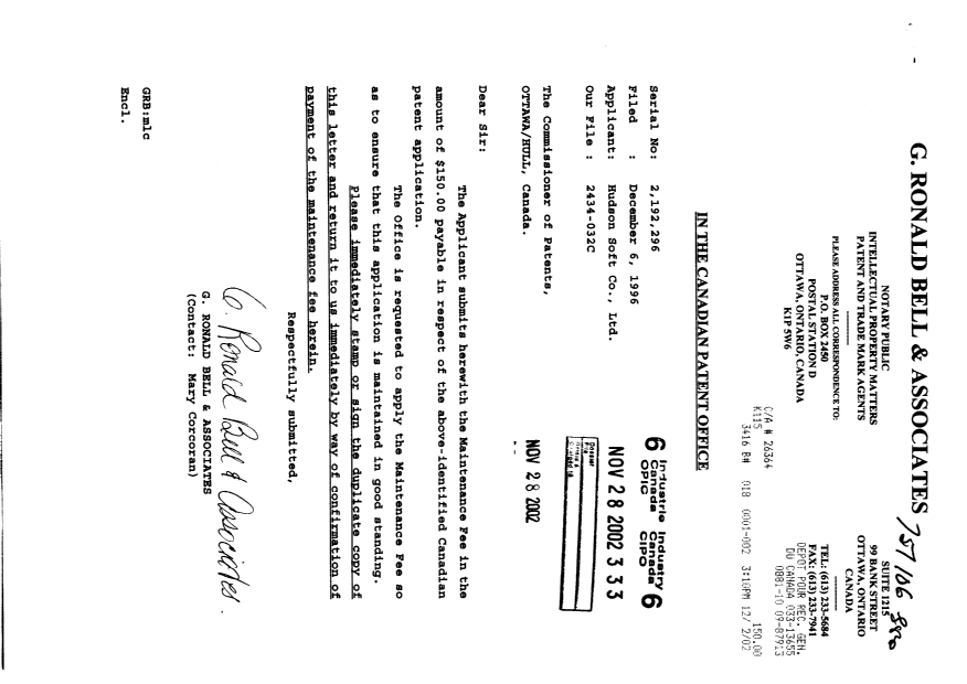 Document de brevet canadien 2192296. Taxes 20021128. Image 1 de 1