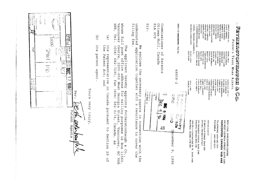 Document de brevet canadien 2192408. Cession 19961209. Image 1 de 4