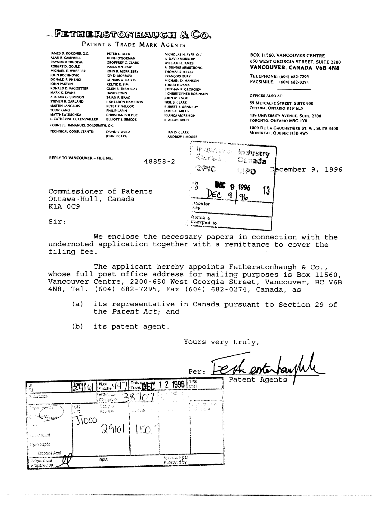 Document de brevet canadien 2192408. Cession 19961209. Image 1 de 4