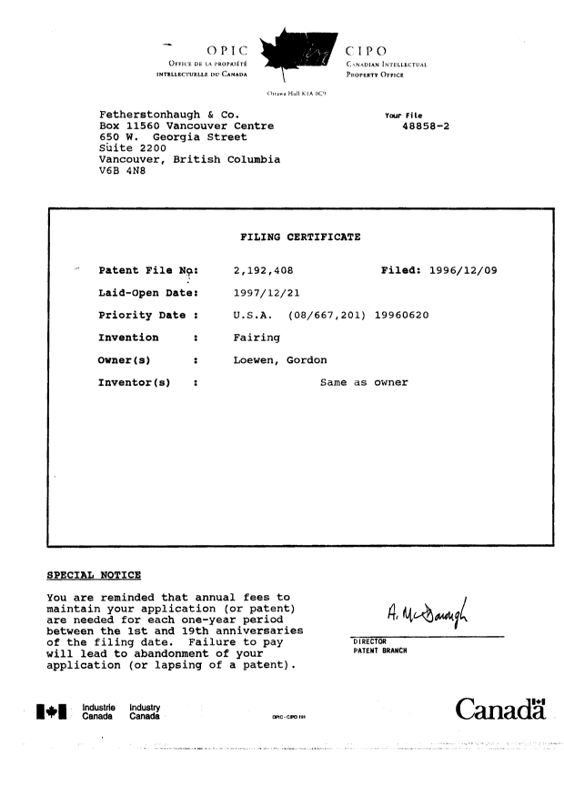 Document de brevet canadien 2192408. Cession 19961209. Image 4 de 4
