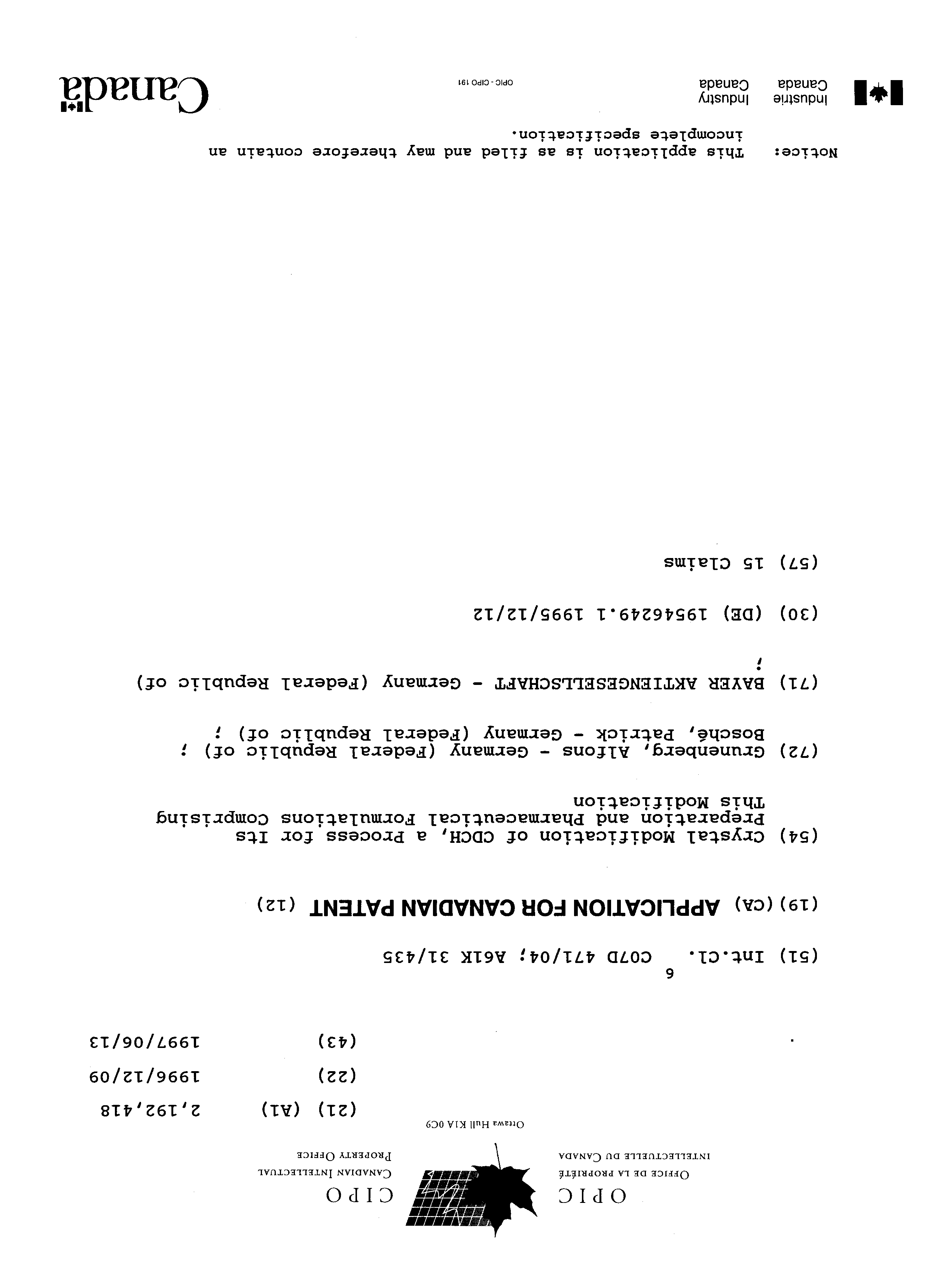 Canadian Patent Document 2192418. Cover Page 19961217. Image 1 of 1
