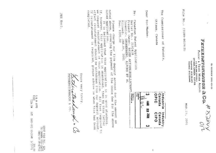 Document de brevet canadien 2192418. Correspondance 20010323. Image 1 de 1