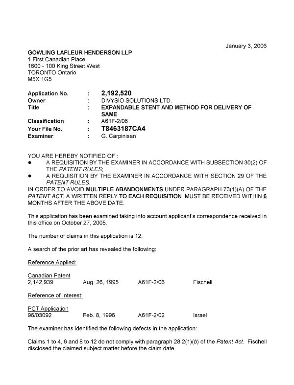 Document de brevet canadien 2192520. Poursuite-Amendment 20060103. Image 1 de 2