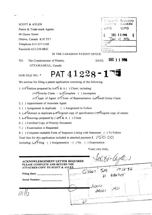 Document de brevet canadien 2192701. Cession 19961211. Image 1 de 4