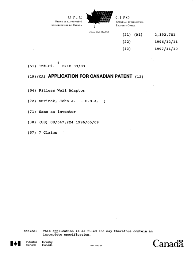 Canadian Patent Document 2192701. Cover Page 19970417. Image 1 of 1