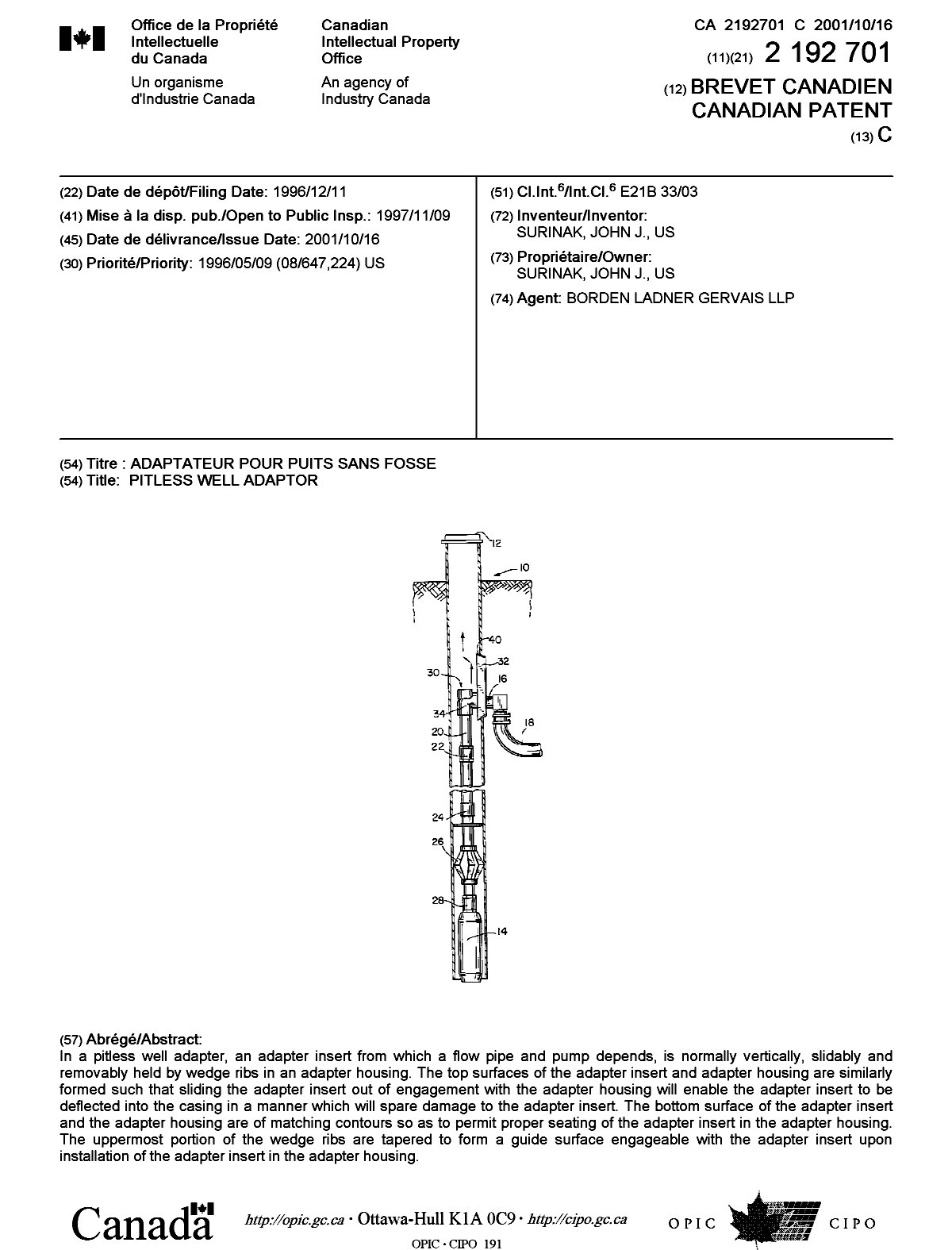 Canadian Patent Document 2192701. Cover Page 20010927. Image 1 of 1
