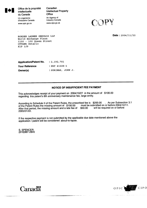 Document de brevet canadien 2192701. Correspondance 20041102. Image 1 de 1