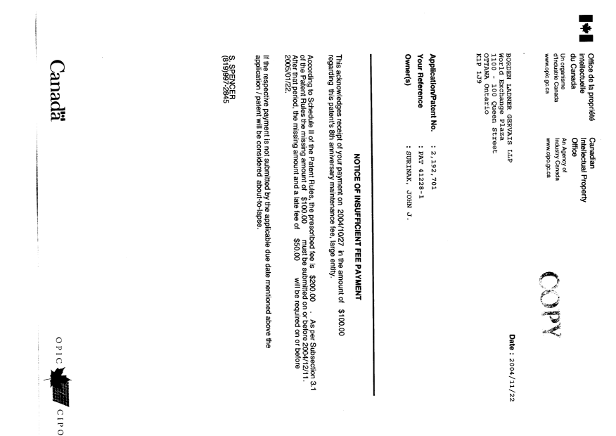 Canadian Patent Document 2192701. Correspondence 20041102. Image 1 of 1