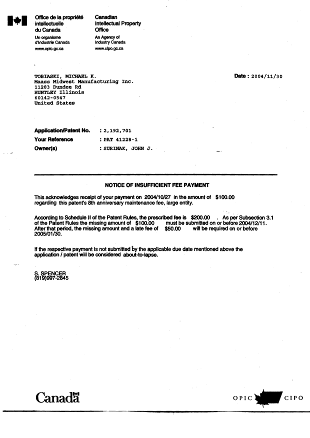 Document de brevet canadien 2192701. Correspondance 20041130. Image 1 de 1