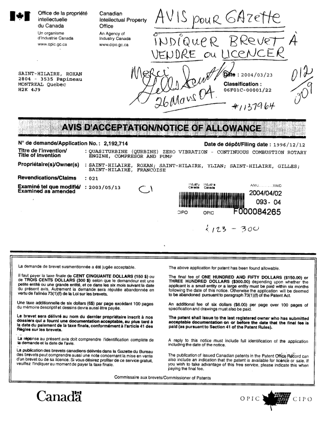 Document de brevet canadien 2192714. Correspondance 20031202. Image 1 de 2