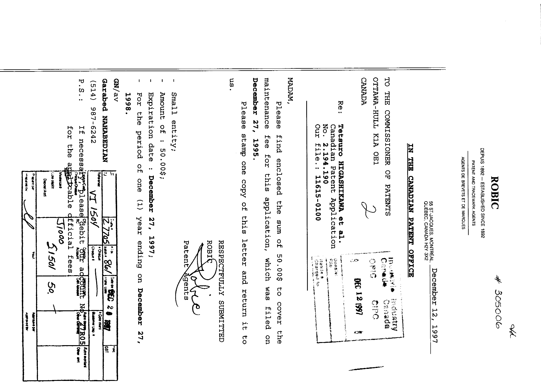 Document de brevet canadien 2194190. Taxes 19971212. Image 1 de 1