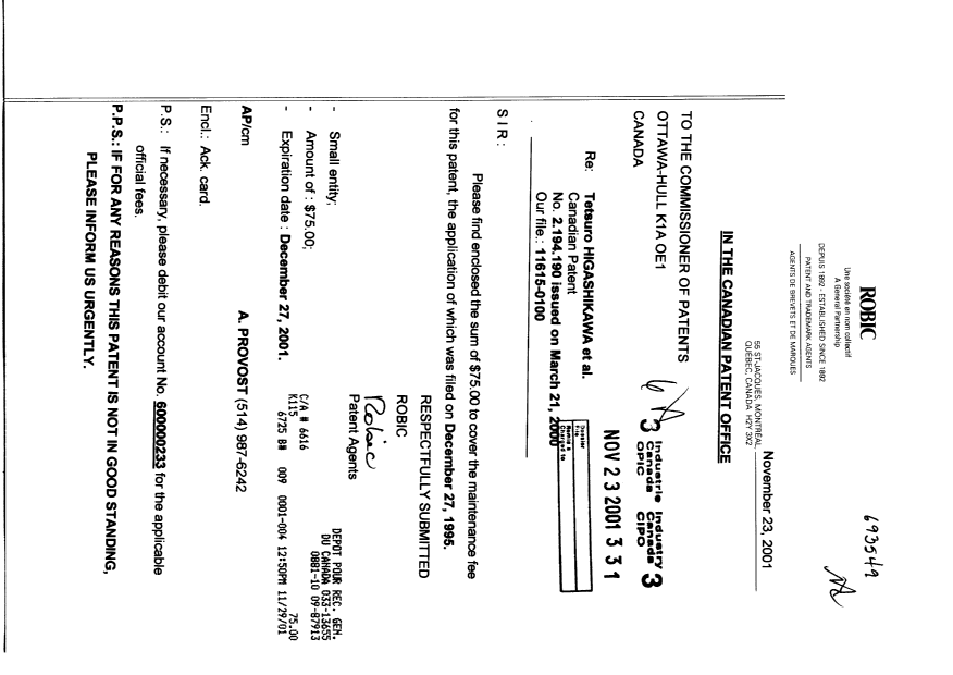 Document de brevet canadien 2194190. Taxes 20011123. Image 1 de 1