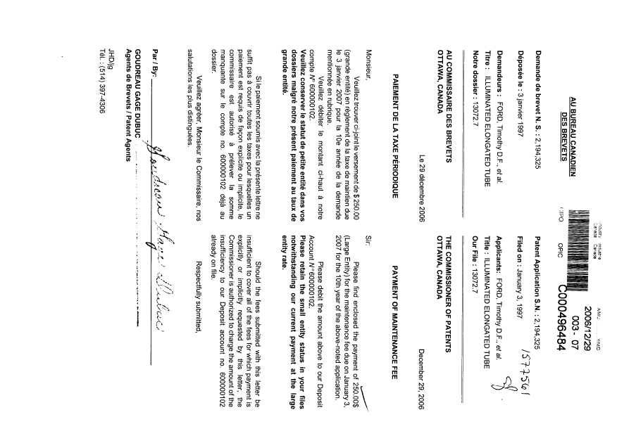 Document de brevet canadien 2194325. Taxes 20061229. Image 1 de 1