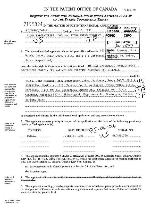 Document de brevet canadien 2195094. Cession 19970114. Image 2 de 14